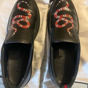 Gucci Black Sneaker Loafers with Red and White Snake Design
